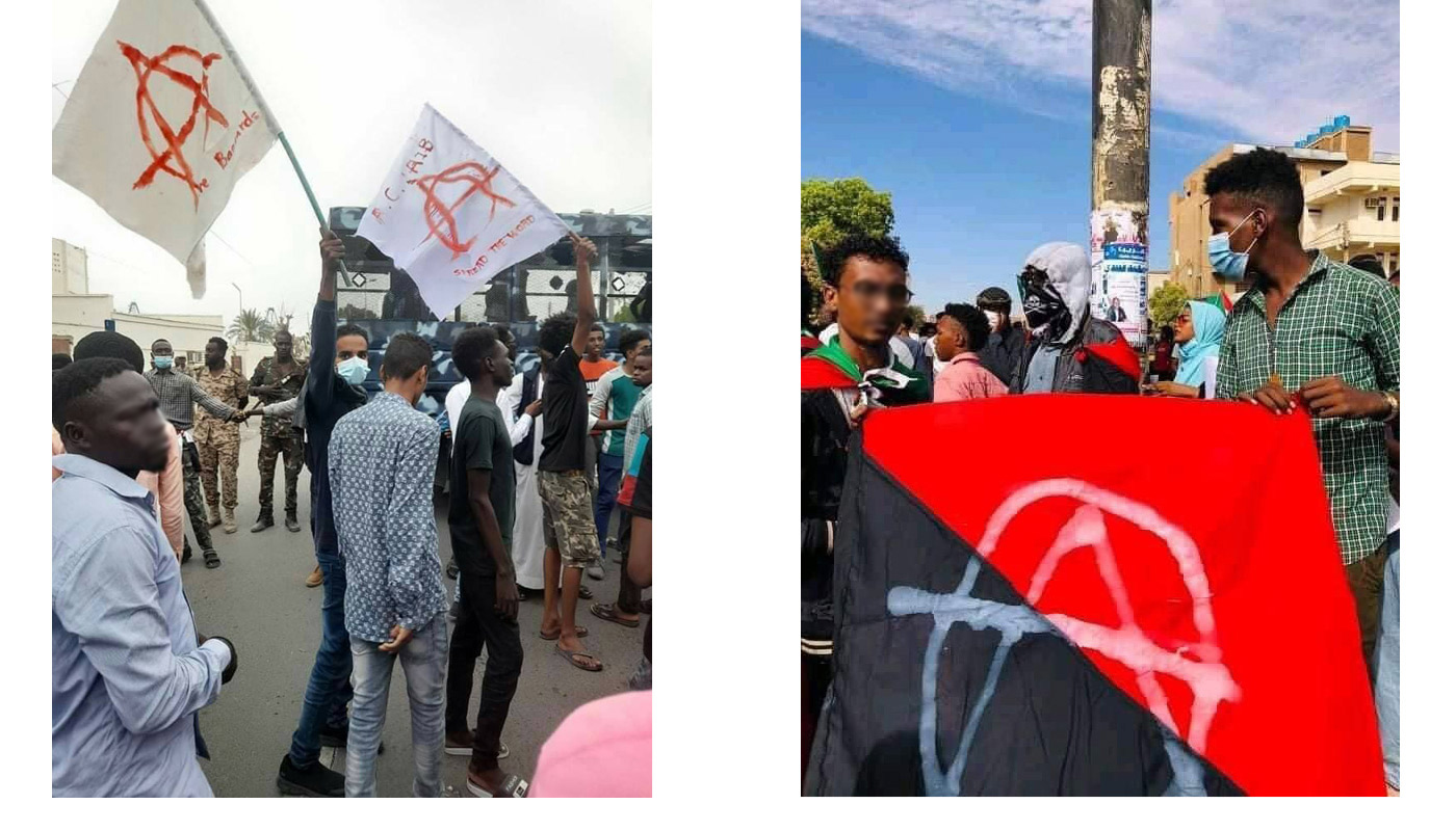 Two pictures. Left a picture of some anarchists in demonstration. They hold white flags with red circled A's. On the right: Two anarchists holding a red and black flag with a white circled A on it.